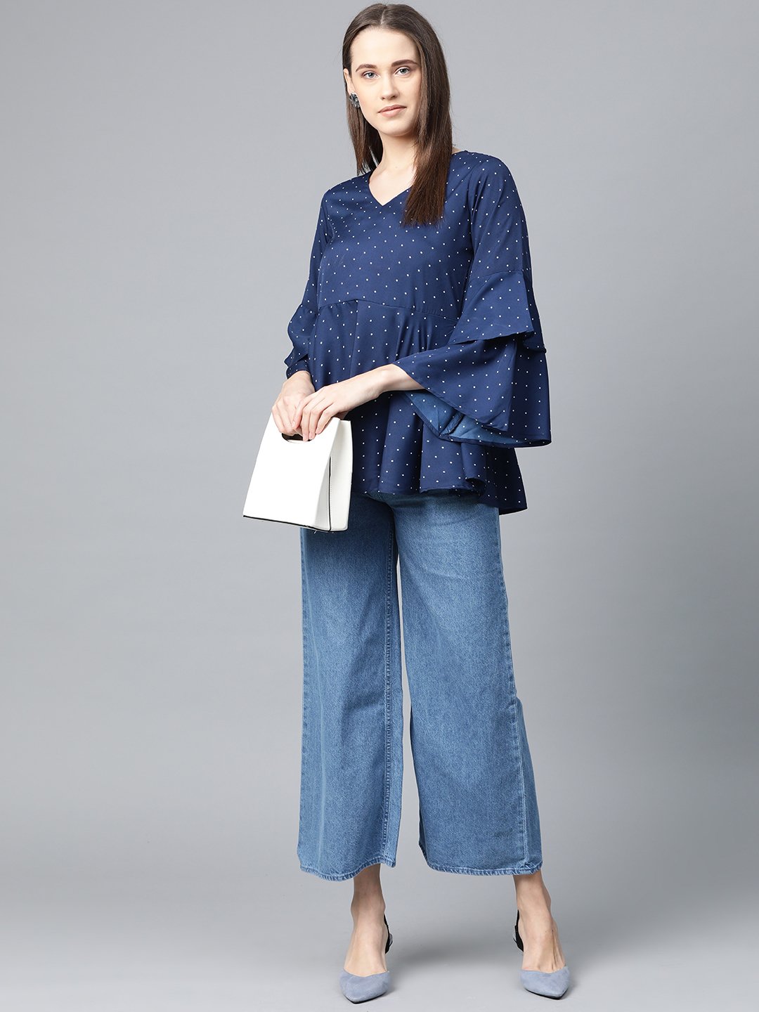 Jompers Women Navy Blue & White Printed A-Line Top - Distacart
