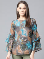 Jompers Women Grey & Blue Printed Top - Distacart
