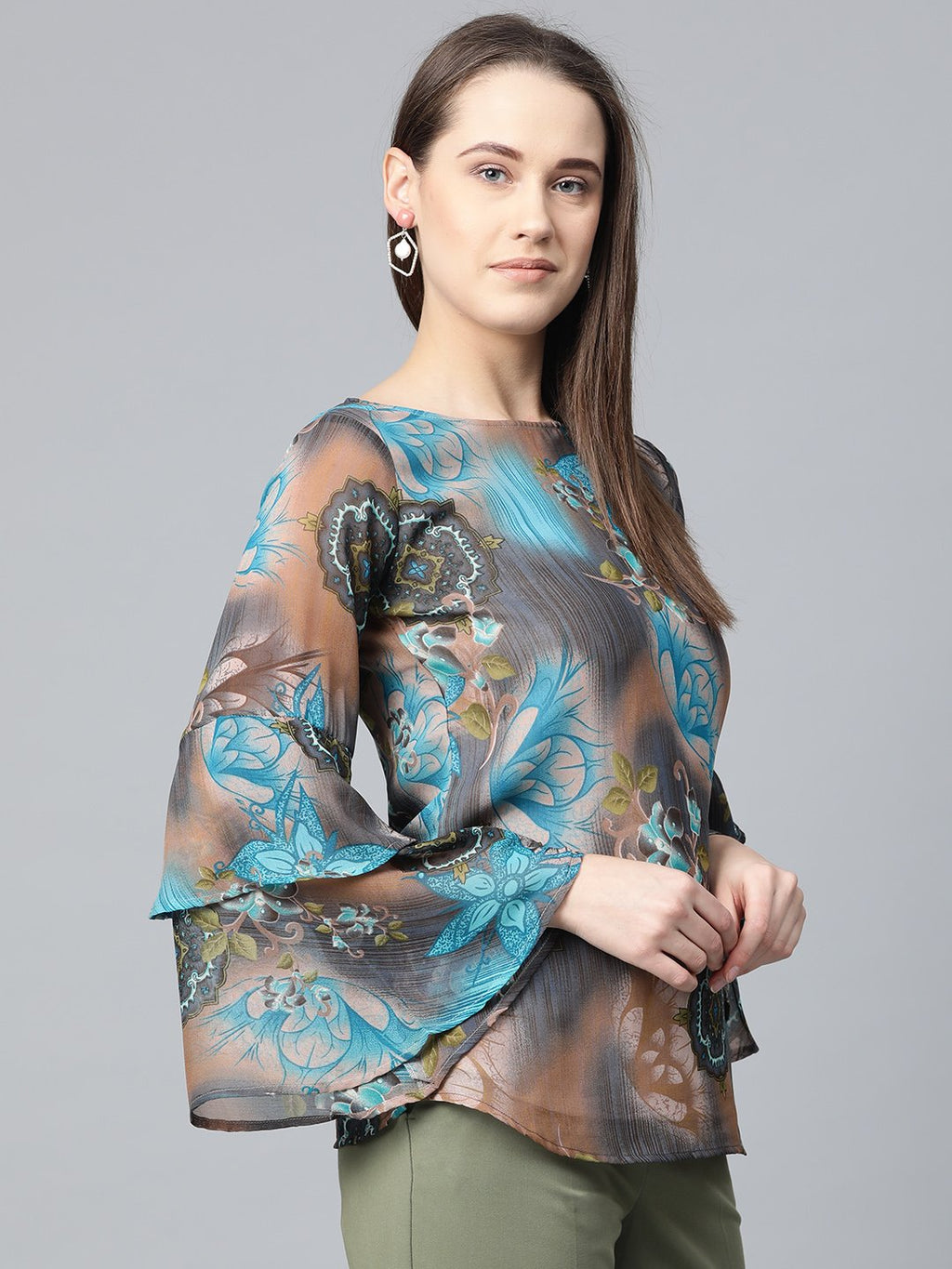 Jompers Women Grey & Blue Printed Top - Distacart