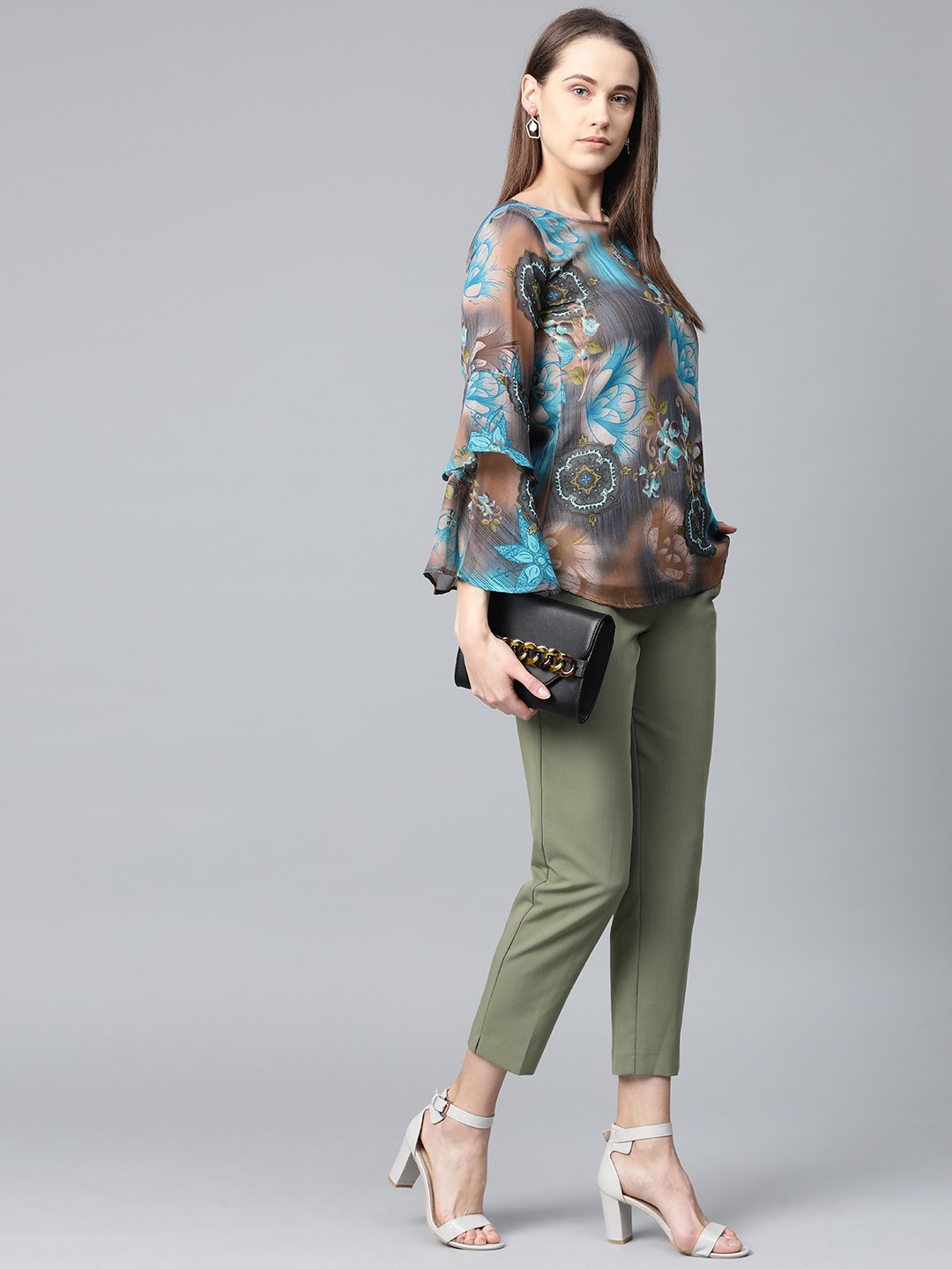 Jompers Women Grey & Blue Printed Top - Distacart