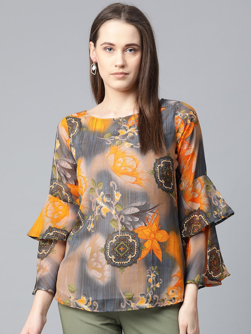 Jompers Women Grey & Mustard Printed Top - Distacart