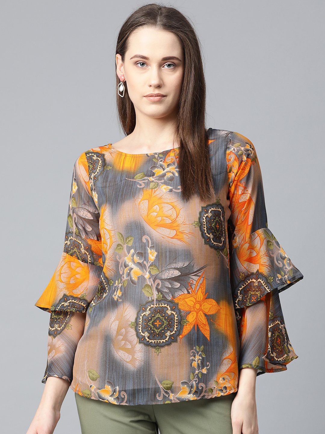 Jompers Women Grey & Mustard Printed Top - Distacart