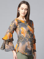 Jompers Women Grey & Mustard Printed Top - Distacart