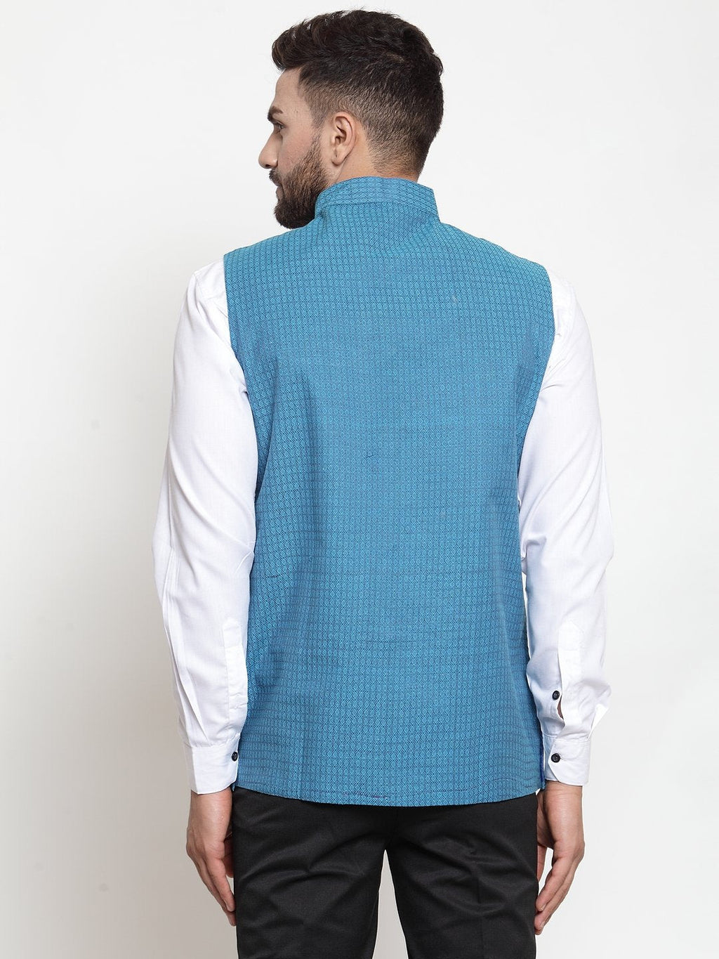 Jompers Men Turquoise Blue Woven Design Nehru Jacket - Distacart