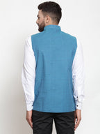 Jompers Men Turquoise Blue Woven Design Nehru Jacket - Distacart