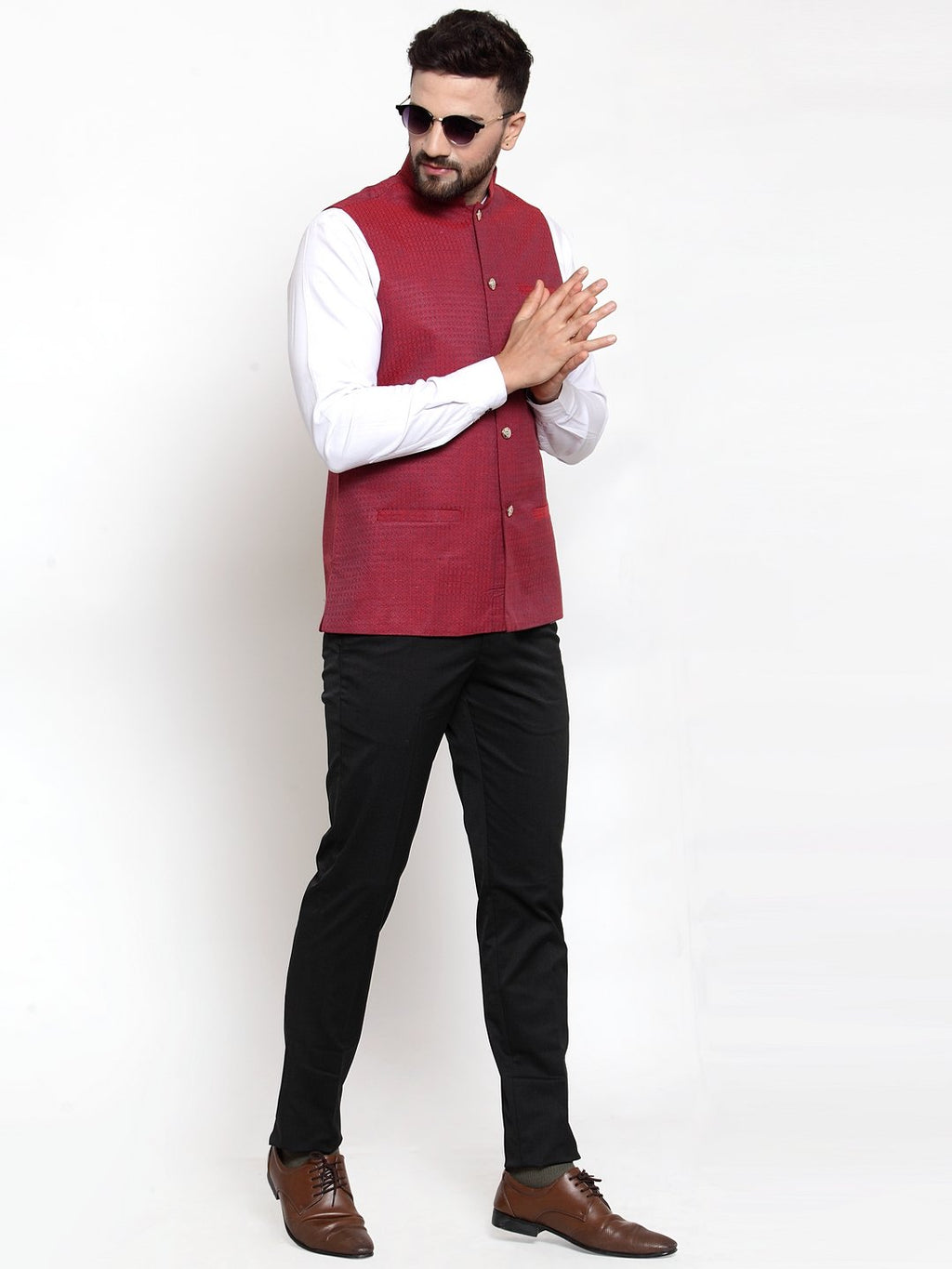 Jompers Men Maroon Woven Design Nehru Jacket - Distacart
