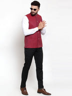 Jompers Men Maroon Woven Design Nehru Jacket - Distacart
