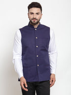 Jompers Men Navy-Blue Woven Design Nehru Jacket - Distacart