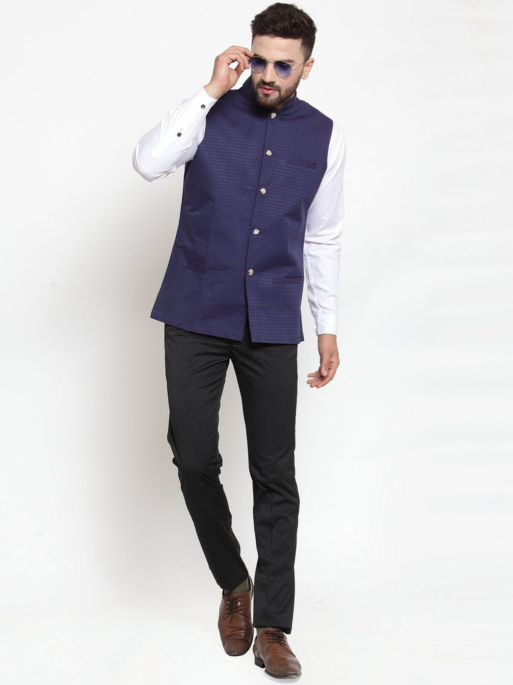 Jompers Men Navy-Blue Woven Design Nehru Jacket - Distacart