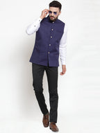 Jompers Men Navy-Blue Woven Design Nehru Jacket - Distacart