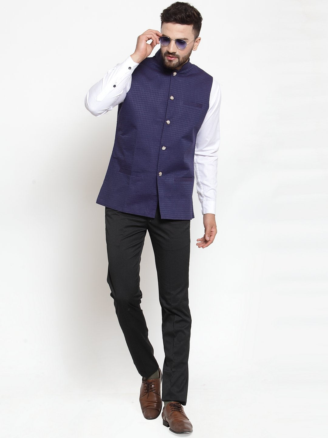 Jompers Men Navy-Blue Woven Design Nehru Jacket - Distacart