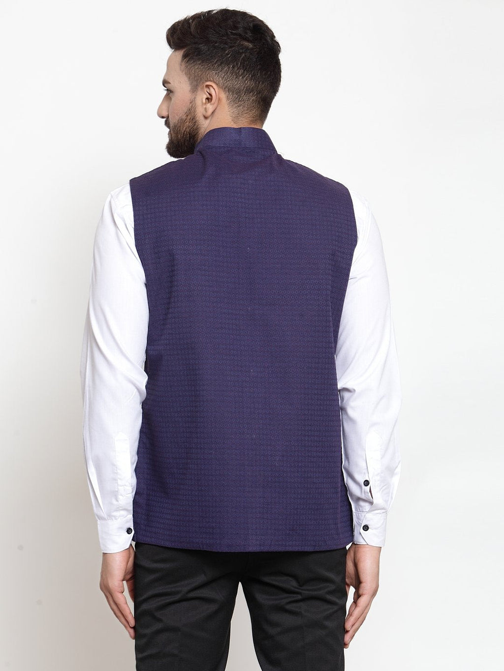 Jompers Men Navy-Blue Woven Design Nehru Jacket - Distacart