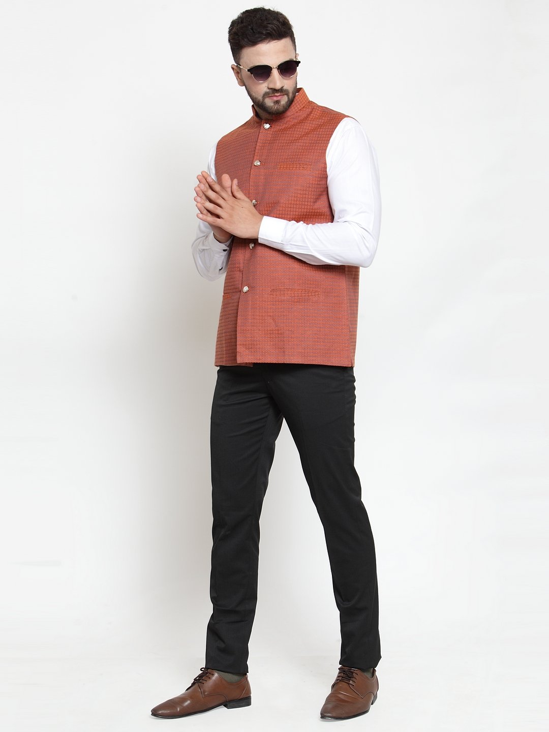 Jompers Men Orange Woven Design Nehru Jacket - Distacart