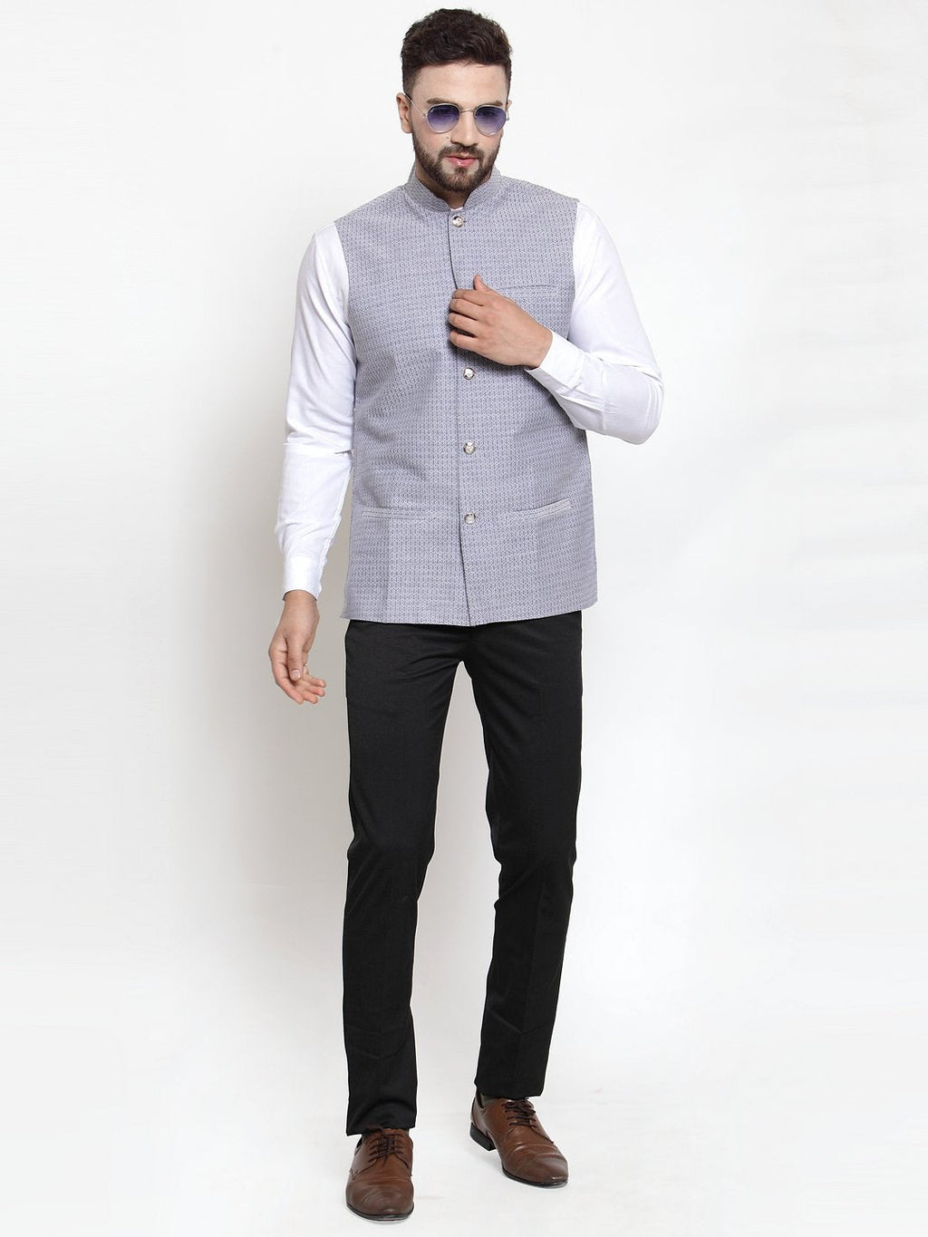 Jompers Men Steel-Blue Woven Design Nehru Jacket - Distacart