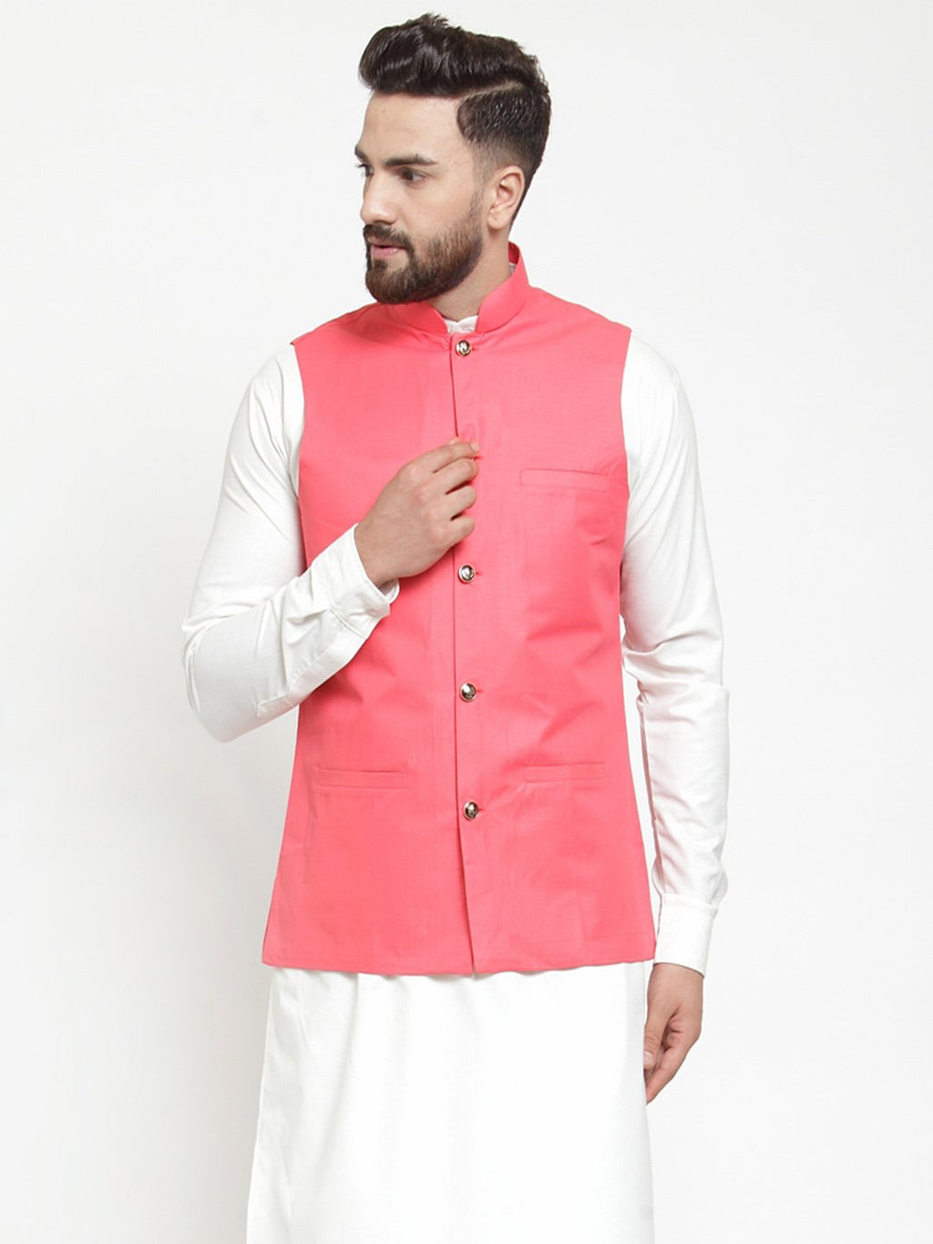 Jompers Men Peach Solid Nehru Jacket - Distacart