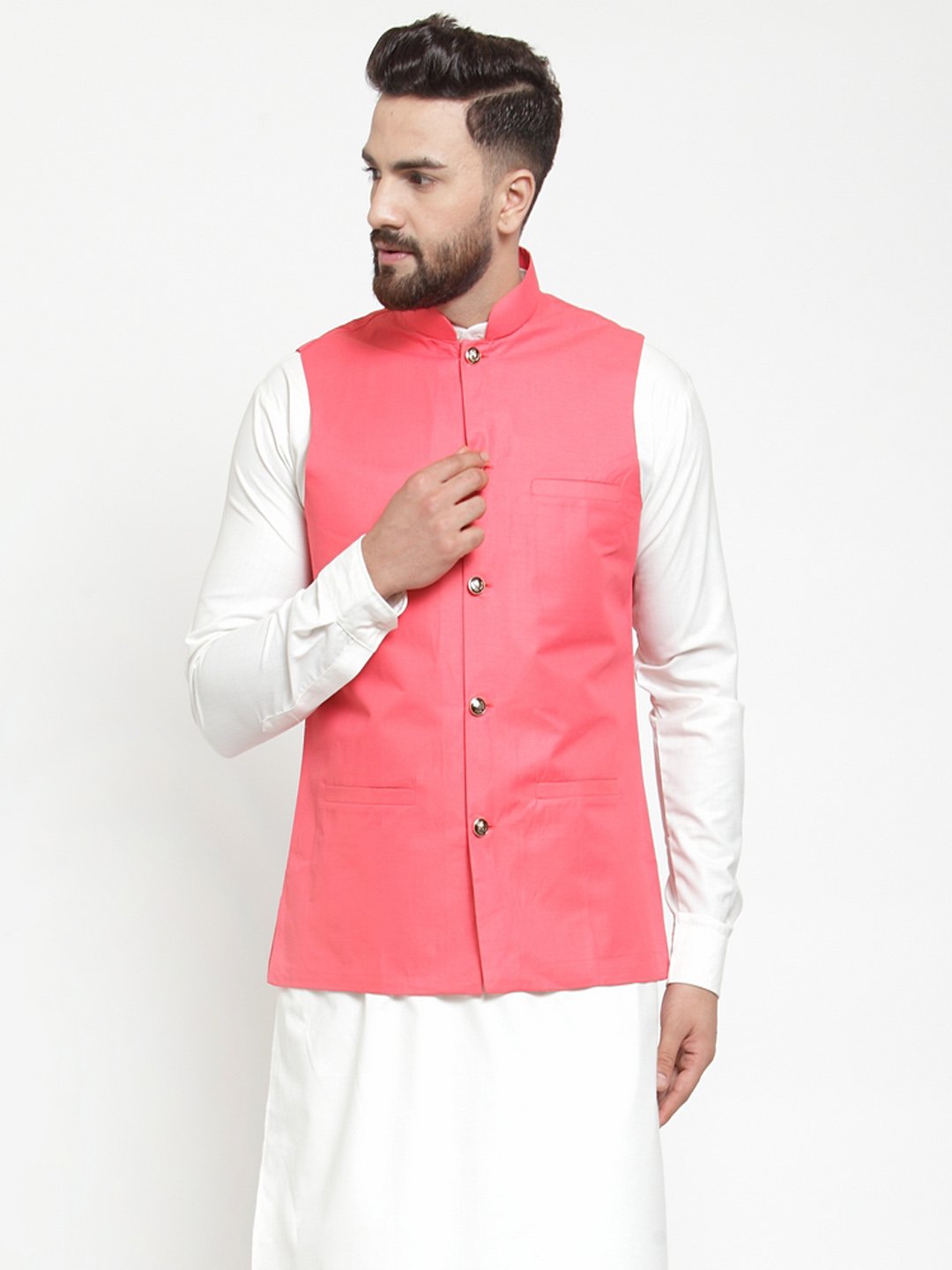 Jompers Men Peach Solid Nehru Jacket - Distacart