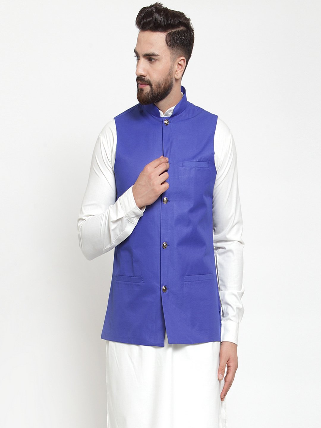 Jompers Men Royal-Blue Solid Nehru Jacket - Distacart