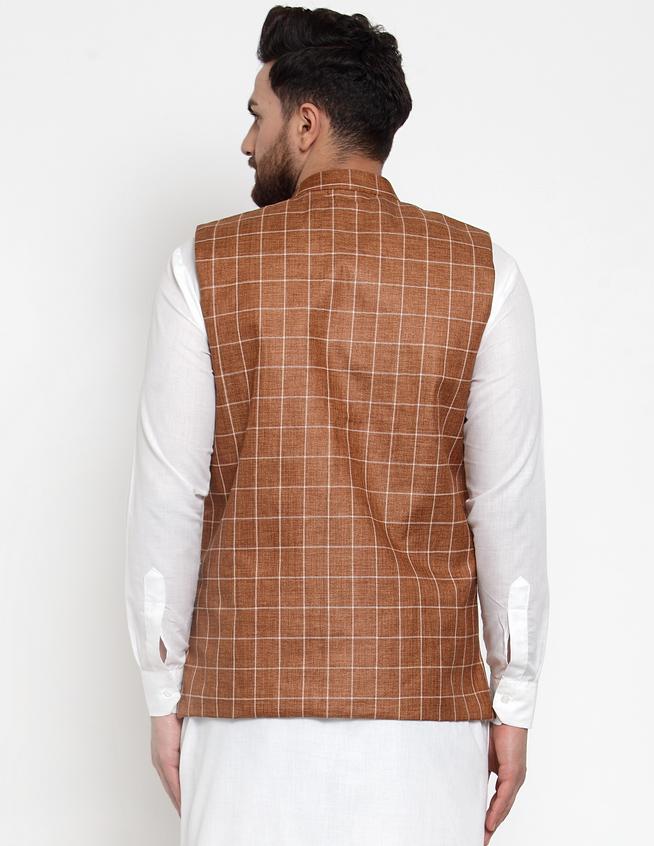 Jompers Men Brown Checked Nehru Jacket - Distacart