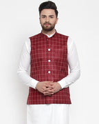 Jompers Men Maroon Checked Nehru Jacket - Distacart