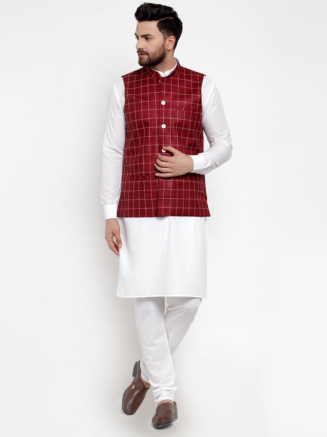 Jompers Men Maroon Checked Nehru Jacket - Distacart