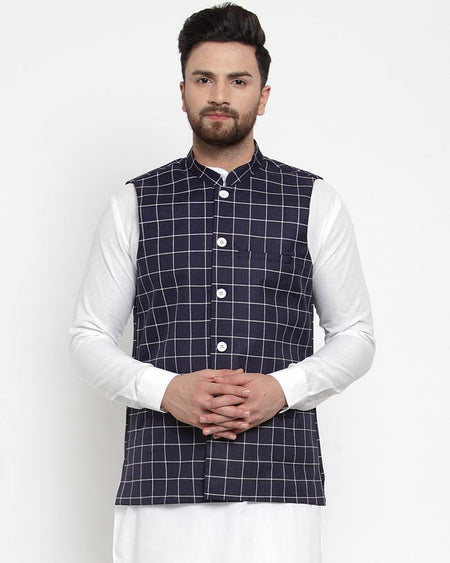Jompers Men Navy-Blue Checked Nehru Jacket