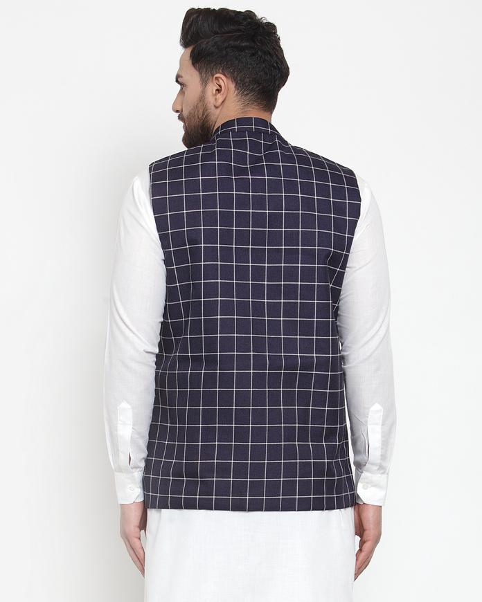 Jompers Men Navy-Blue Checked Nehru Jacket - Distacart