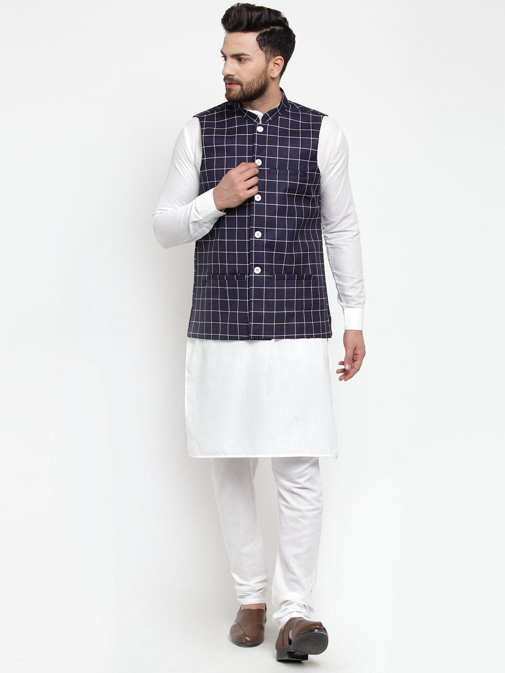 Jompers Men Navy-Blue Checked Nehru Jacket - Distacart
