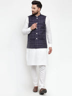 Jompers Men Navy-Blue Checked Nehru Jacket - Distacart