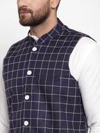 Jompers Men Navy-Blue Checked Nehru Jacket - Distacart