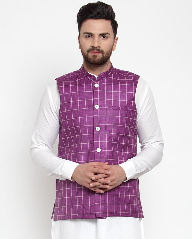 Jompers Men Purple Checked Nehru Jacket - Distacart