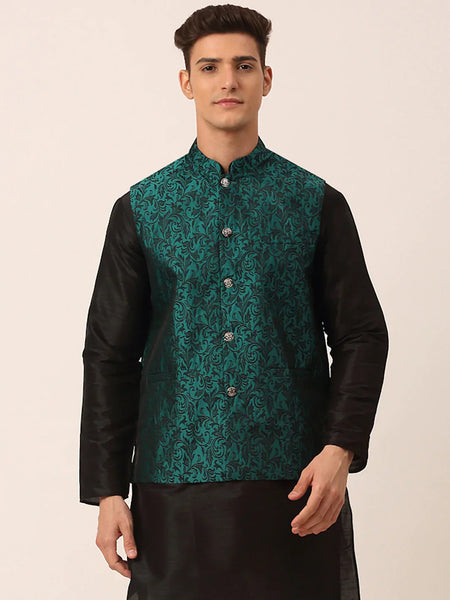 Jompers Men's Green Woven Design Nehru Jacket