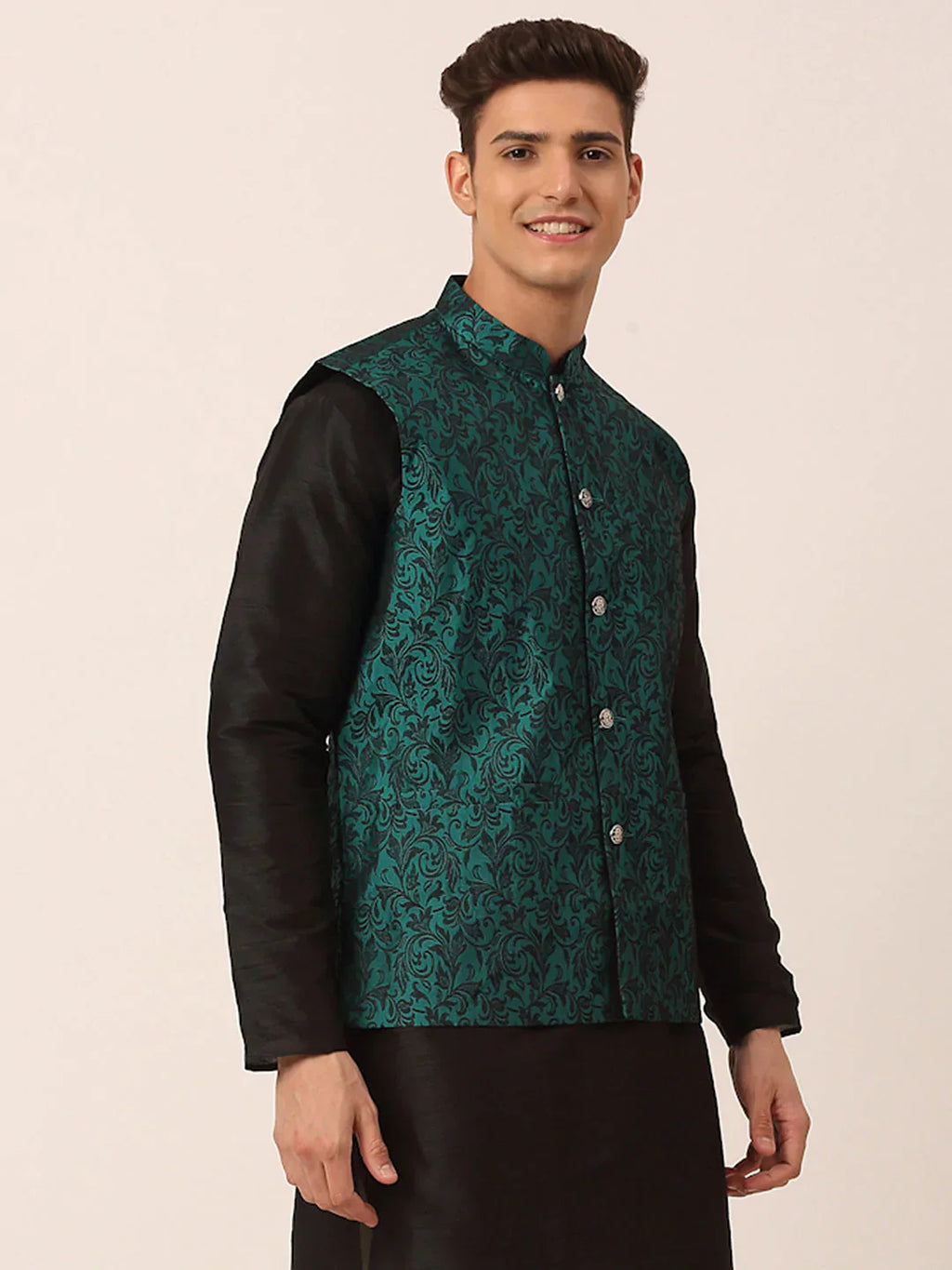 Jompers Men's Green Woven Design Nehru Jacket