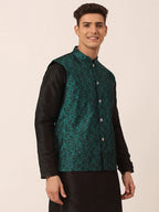 Jompers Men's Green Woven Design Nehru Jacket