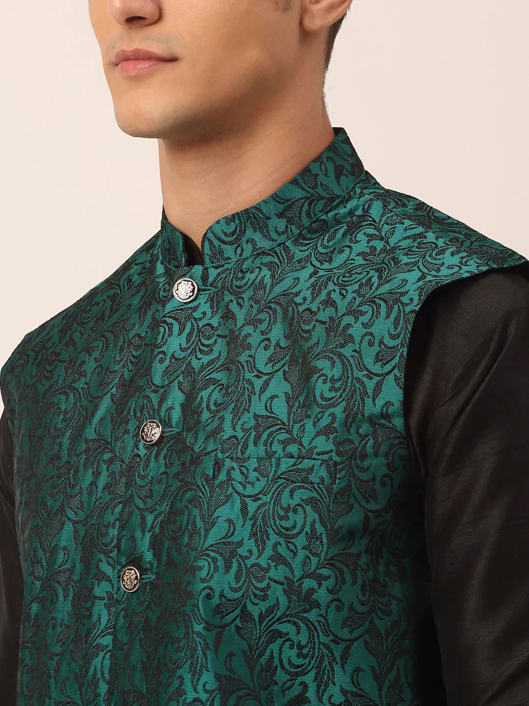 Jompers Men's Green Woven Design Nehru Jacket