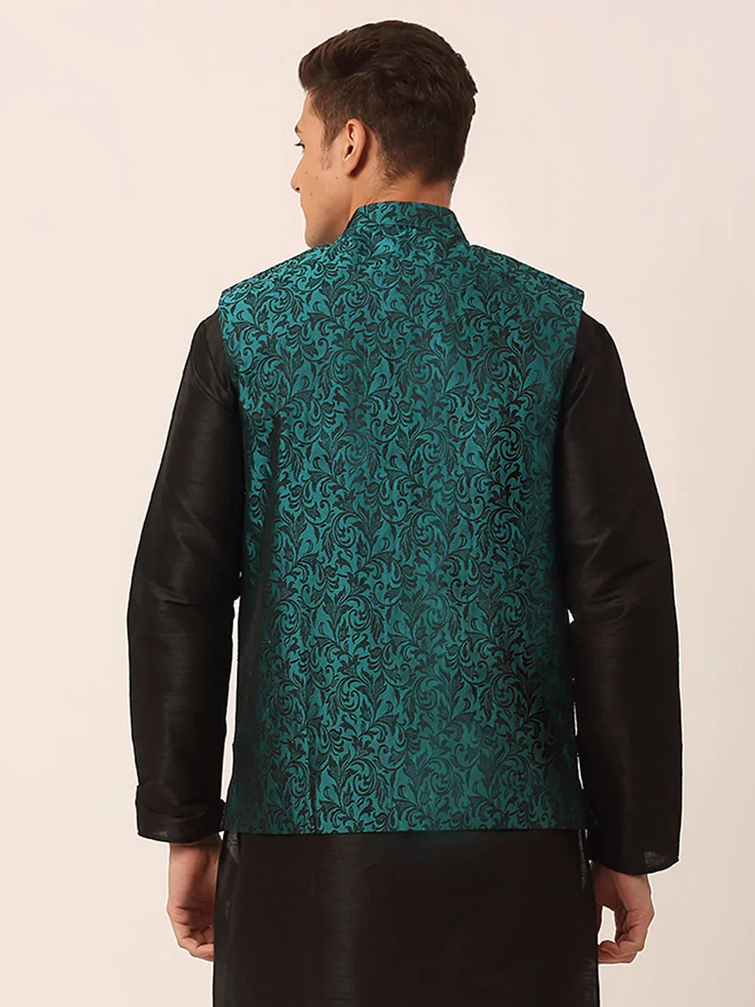 Jompers Men's Green Woven Design Nehru Jacket
