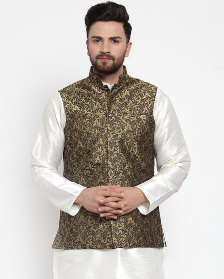 Jompers Men Gold-Coloured & Black Woven Design Nehru Jacket