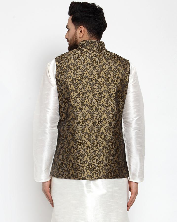 Jompers Men Gold-Coloured & Black Woven Design Nehru Jacket - Distacart