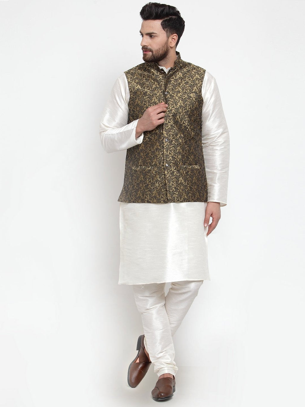 Jompers Men Gold-Coloured & Black Woven Design Nehru Jacket - Distacart