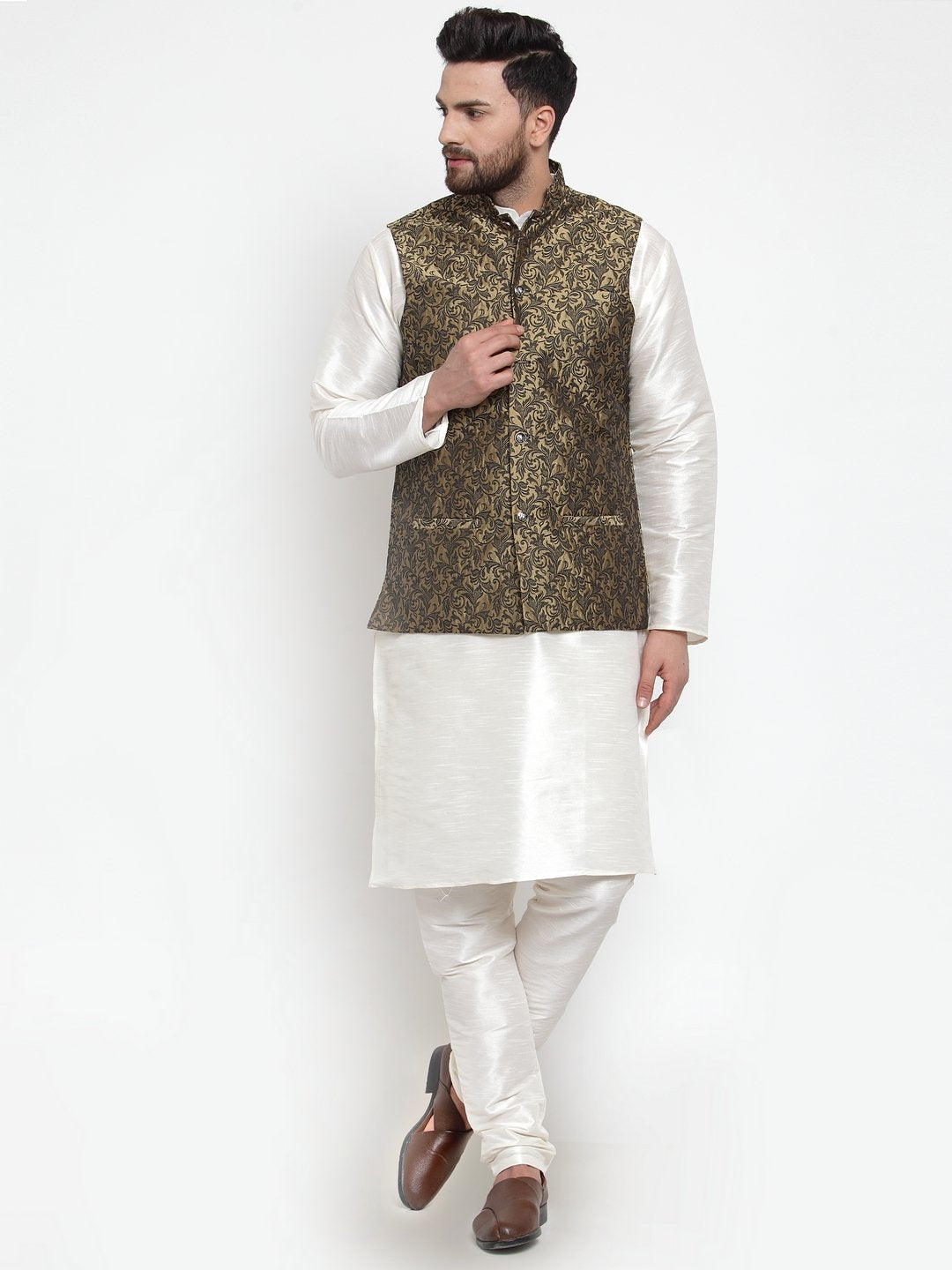 Jompers Men Gold-Coloured & Black Woven Design Nehru Jacket - Distacart