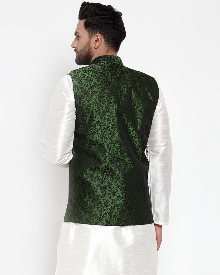 Jompers Men Green-Coloured & Black Woven Design Nehru Jacket (Mehndi) - Distacart
