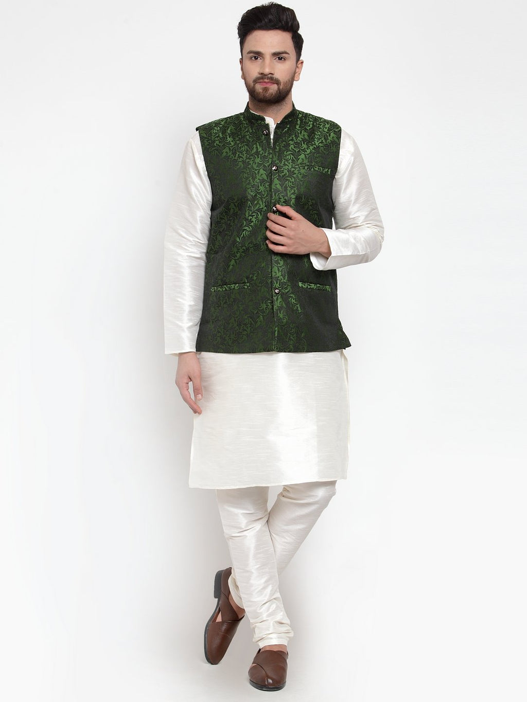 Jompers Men Green-Coloured & Black Woven Design Nehru Jacket (Mehndi) - Distacart