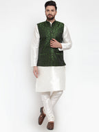 Jompers Men Green-Coloured & Black Woven Design Nehru Jacket (Mehndi) - Distacart