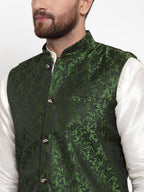 Jompers Men Green-Coloured & Black Woven Design Nehru Jacket (Mehndi) - Distacart
