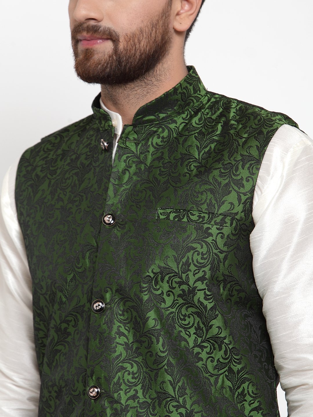 Jompers Men Green-Coloured & Black Woven Design Nehru Jacket (Mehndi) - Distacart