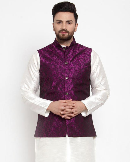 Jompers Men Purple-Coloured & Black Woven Design Nehru Jacket
