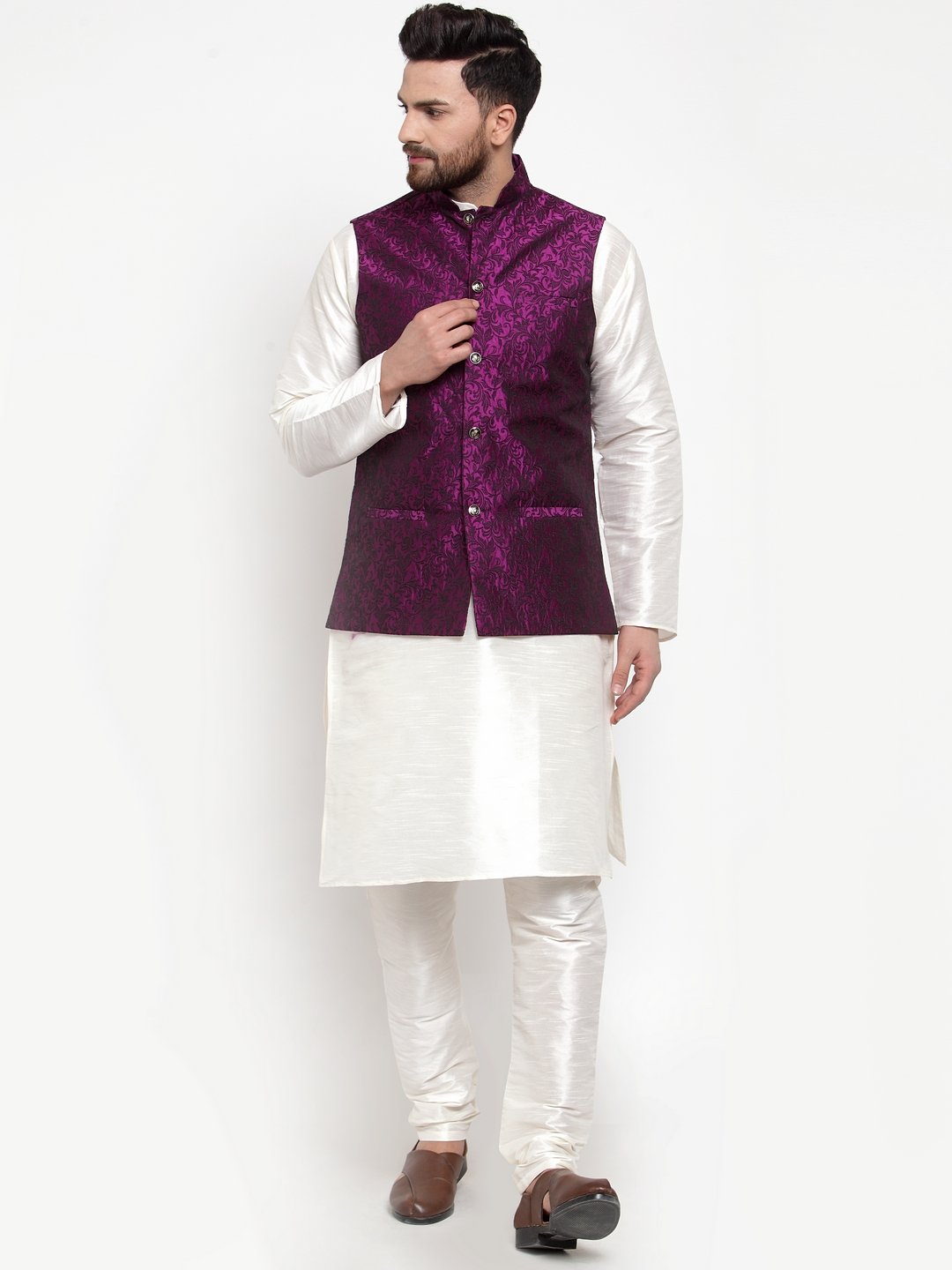 Jompers Men Purple-Coloured & Black Woven Design Nehru Jacket - Distacart