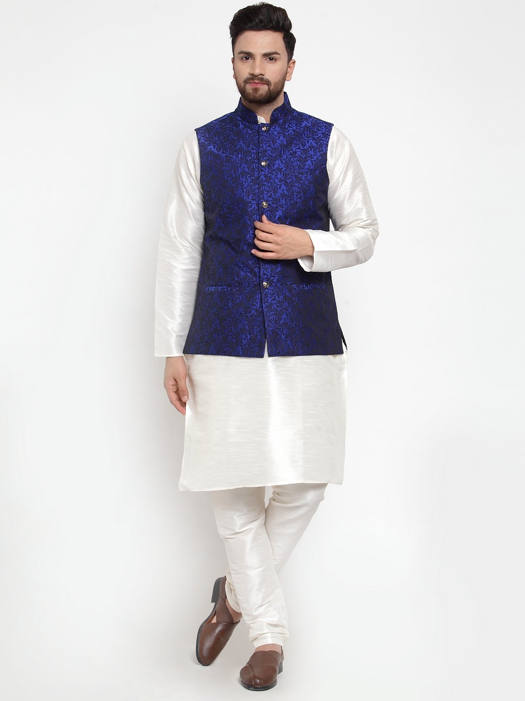 Jompers Men Blue-Coloured & Black Woven Design Nehru Jacket - Distacart