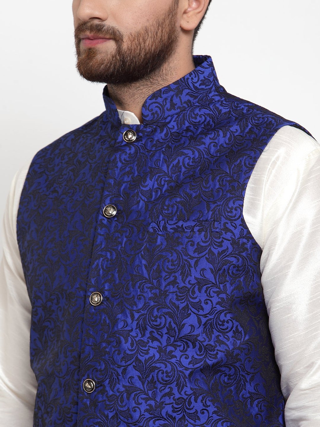Jompers Men Blue-Coloured & Black Woven Design Nehru Jacket - Distacart