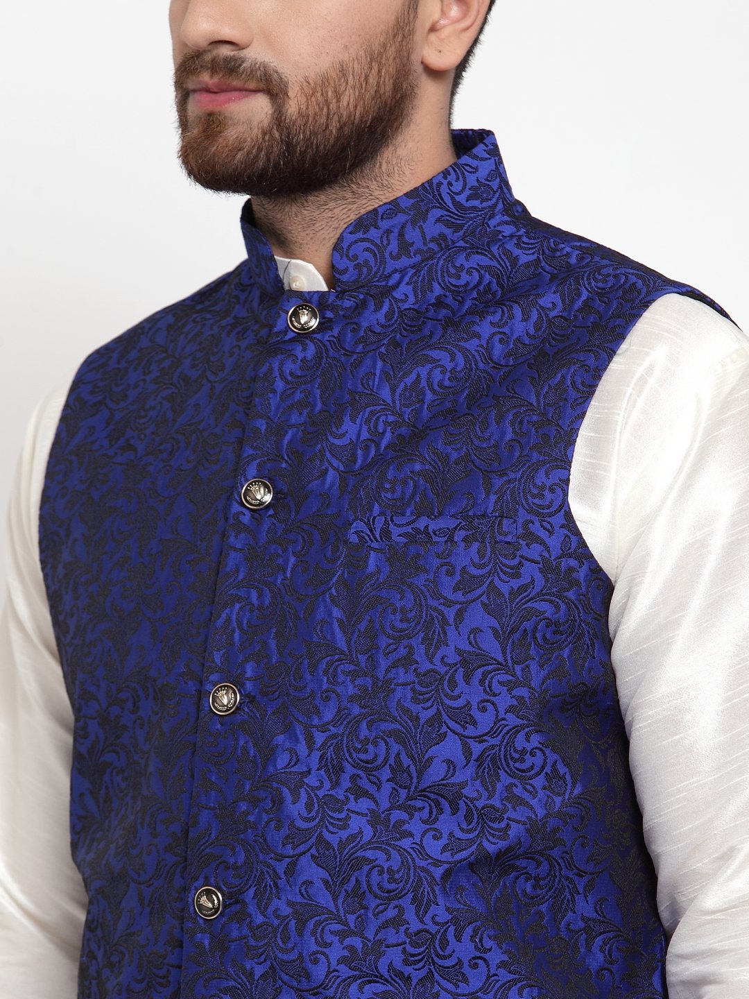 Jompers Men Blue-Coloured & Black Woven Design Nehru Jacket - Distacart