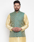 Jompers Men Green-Coloured & Golden Woven Design Nehru Jacket - Distacart